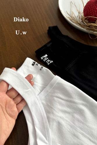 زیرپوش نخی مردانه رکابی یقه خشتی سفید و مشکی